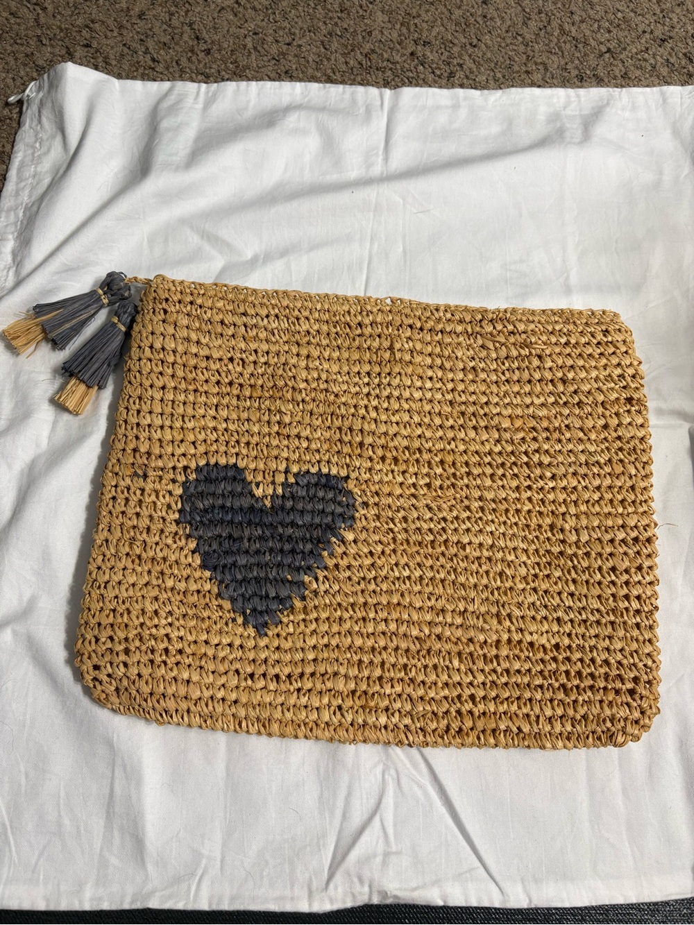Aerin Woven Straw Clutch with Gray Heart